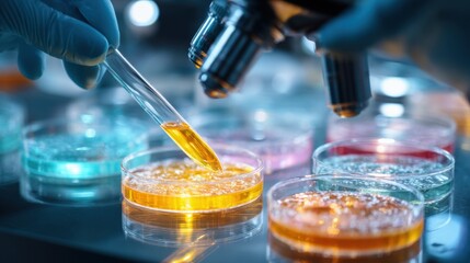 Laboratory in vitro testing of drug compounds with scientists examining petri dishes and test tubes under microscopes to assess pharmaceutical effectiveness.