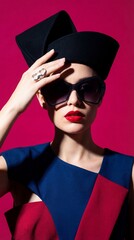 Fashionable woman shielding eyes from sun against magenta background