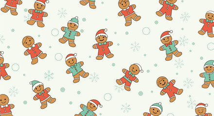 Festive Christmas seamless pattern with cute gingerbread men in colorful outfits and white snowflakes on a light mint green background.