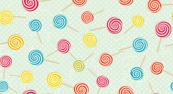 Fun and colorful seamless pattern of various swirly lollipops in different colors on a light green background with white polka dots.