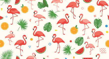 Vibrant tropical seamless pattern featuring pink flamingos, citrus slices, watermelon, and palm leaves for a fun summer vibe design.