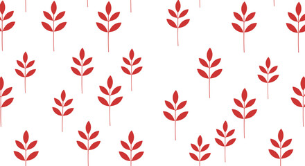 Simple and minimalist seamless pattern featuring scattered red botanical sprigs with leaves against a clean, plain white background.
