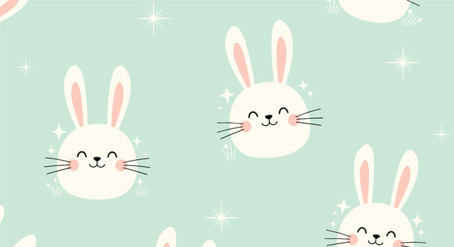 Adorable seamless pattern of cute and happy sparkling bunny faces against a lovely pastel mint green background for nursery decor.