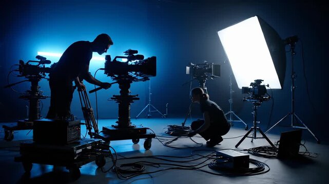 Film crew adjusts studio lighting and camera setup. Technicians prepare for professional video shoot. Creative atmosphere fosters collaboration and innovation.
