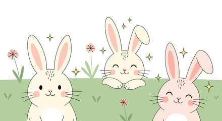 Charming illustration of three adorable cartoon bunnies sitting in a green meadow with pink flowers and sparkling stars.
