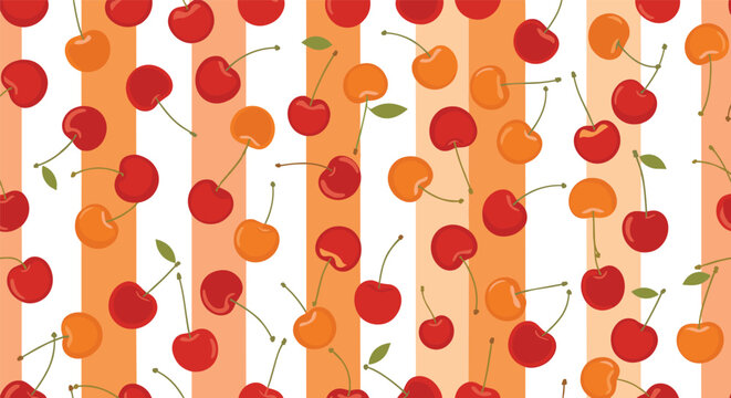 Sweet and retro seamless pattern of red and orange cherries scattered over a background of vertical orange and white stripes design.