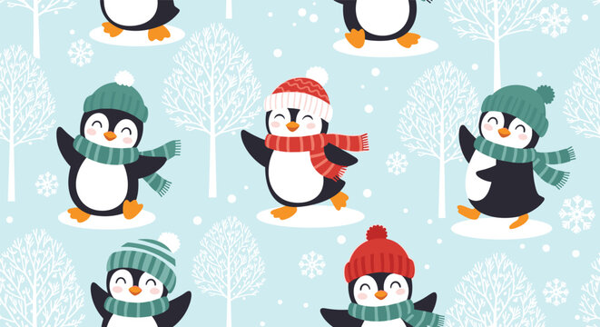 Adorable seamless winter pattern with cute cartoon penguins wearing hats and scarves, happily playing in a snowy forest landscape.
