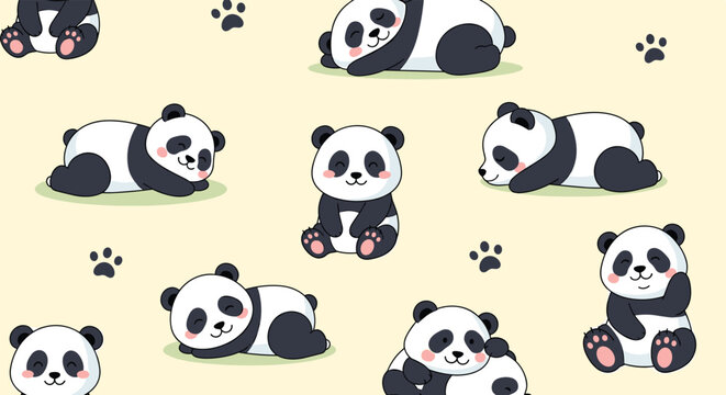 Cute seamless pattern featuring adorable cartoon panda bears in various poses like sitting and sleeping on a soft yellow background.