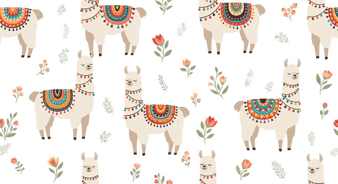 Adorable seamless pattern of cute cartoon llamas or alpacas with colorful saddles and flowers on a clean white background.