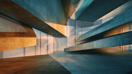 Abstract concrete and glass architectural interior with geometric forms and sunlight.