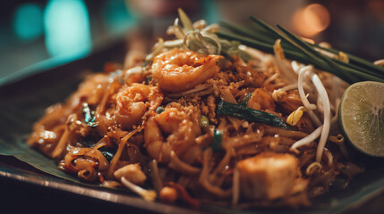A delicious plate of shrimp pad thai served on a banana leaf with lime and vegetables