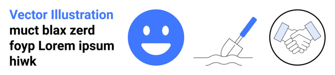 Fototapeta premium Communication, teamwork, labor, positivity, collaboration, agreement. Includes a happy face, a shovel digging soil and a handshake icon. Teamwork and labor are conceptualized