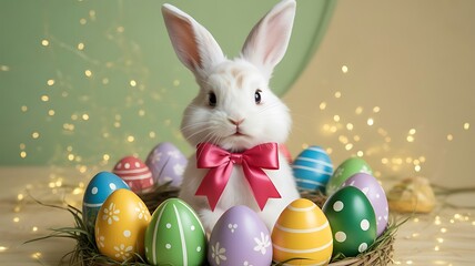 White Easter bunny with pink bow surrounded by decorated eggs in a nest