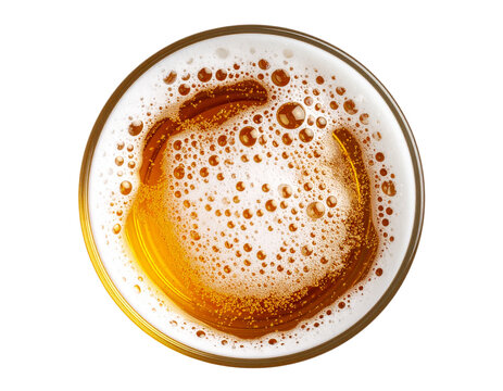Isolated on a white background, a top view of foamy beer with golden bubbles, cut out
