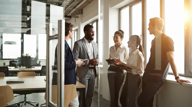 Business team brainstorming ideas in modern office. Diverse professionals discuss strategies and projects during productive meeting in bright environment. Collaboration fuels innovation.