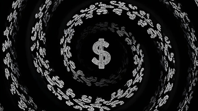 cynicism. A distorted spiral pattern featuring a currency symbol at its center in monochromatic graphic design style. pitch deck slides.