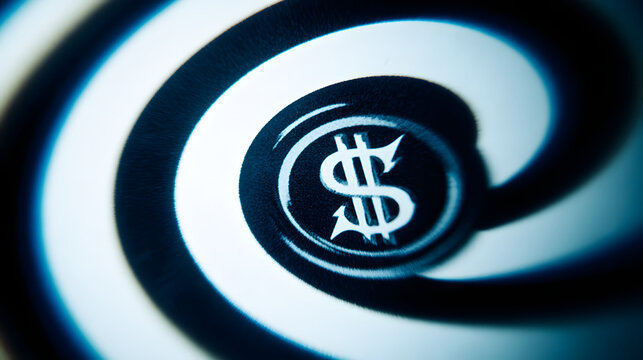 cynicism. A distorted spiral pattern featuring a currency symbol at its center in monochromatic graphic design style. pitch deck slides.