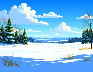 A vibrant winter landscape with snowy fields, evergreen trees, leafless trees, distant mountains, and a bright blue sky dotted with puffy clouds