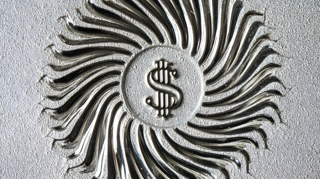 cynicism. A distorted spiral pattern featuring a currency symbol at its center in monochromatic graphic design style. pitch deck slides.