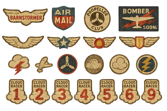 Different patches showing airplane themes like racing, clubs, and air mail with various designs and badges