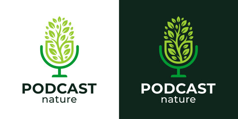 Podcast nature logo design illustration. Microphone design with Leaf vector symbol inspiration.