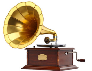 An antique phonograph with a golden horn and a wooden base for retro music, set against a white background, cut out