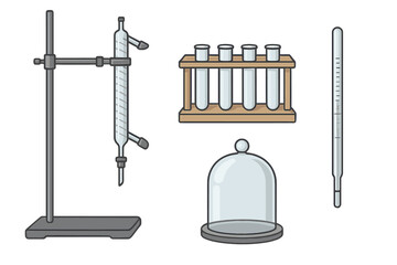 Equipment used for simple science experiments in a classroom or lab setting featuring glassware and tools