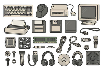 Various types of computer hardware and accessories laid out on a surface for display and identification in a technology-themed setting