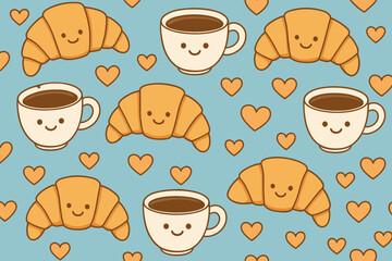 Cute pattern of croissants and coffee cups with smiling faces on a blue background