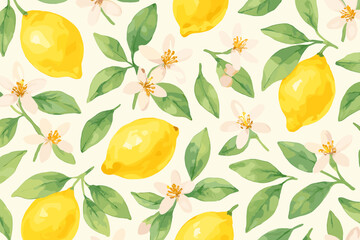 Yellow lemons and white flowers displayed on a light background in a natural pattern design
