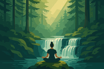 Person sits on rock by waterfall in forest during daytime while practicing meditation and connecting with nature