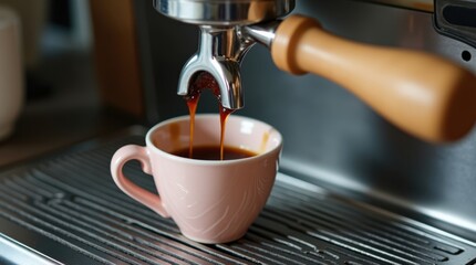 Close up of espresso pouring into a small cup from a coffee machine