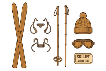 Ski equipment and accessories shown on a simple background ready for a winter sport adventure in the mountains