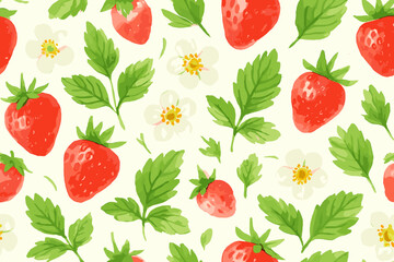 Strawberries and flowers pattern with green leaves on a pale background in a simple design made with watercolor techniques