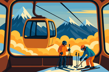 Two skiers prepare for a day on the slopes while a cable car travels in the background in a mountainous area with snow