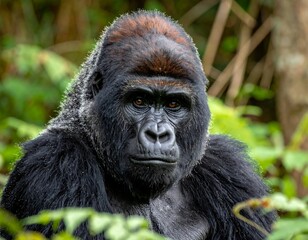 Obraz premium Close-up of a majestic gorilla amidst lush green foliage, looking forward
