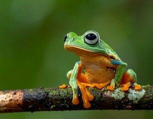 Vivid portrait of a tree frog perched on a branch, looking curious