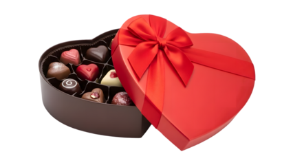 Chocolate heart shaped box with assorted chocolates isolated on transparent background