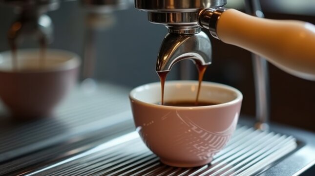 Close up of espresso pouring into a small cup from a coffee machine - Powered by Adobe