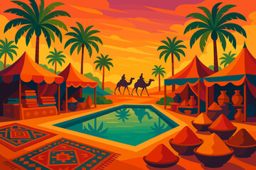 Sunset landscape with camels, tents, and spices in a desert setting near a pool
