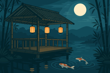 Koi fish swimming near a wooden gazebo under a full moon at night