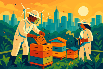 Urban beekeepers work with hives in front of city skyline during sunset with wind turbines in the background
