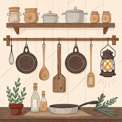 Rustic kitchen interior with various cooking utensils, pots, jars, and a plant on shelves and countertop.