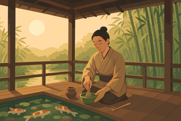Young person prepares tea in a bamboo house by a pond with koi fish in the background at sunset