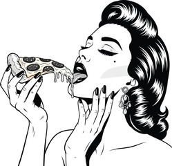 Woman Eating Pizza Pop Art Vector