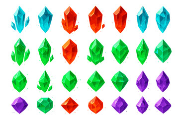 Colorful crystals arranged in rows showing different shapes and shades in bright colors on a white background
