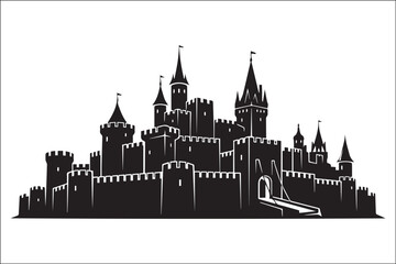 Fototapeta premium Descriptive: Medieval Castle Silhouette Vector Icon with Drawbridge and Fortified Towers Usage-Focused: Symmetrical Black Fortress Graphic for Logo, Stencil, and Emblem Design