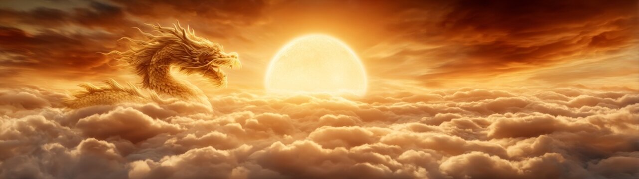 Celebrating the lunar chinese festival with golden graphics majestic clouds and a dragon in the sky