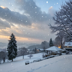 A serene winter landscape with falling snow, a large evergreen tree, and a gazebo at sunset.