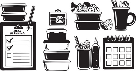 Black and white meal planning illustration set